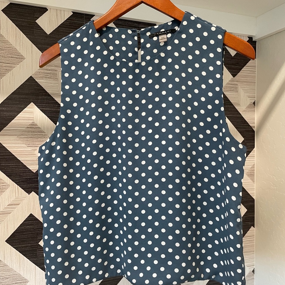 Tahari Navy Polka Dot Sleeveless Blouse